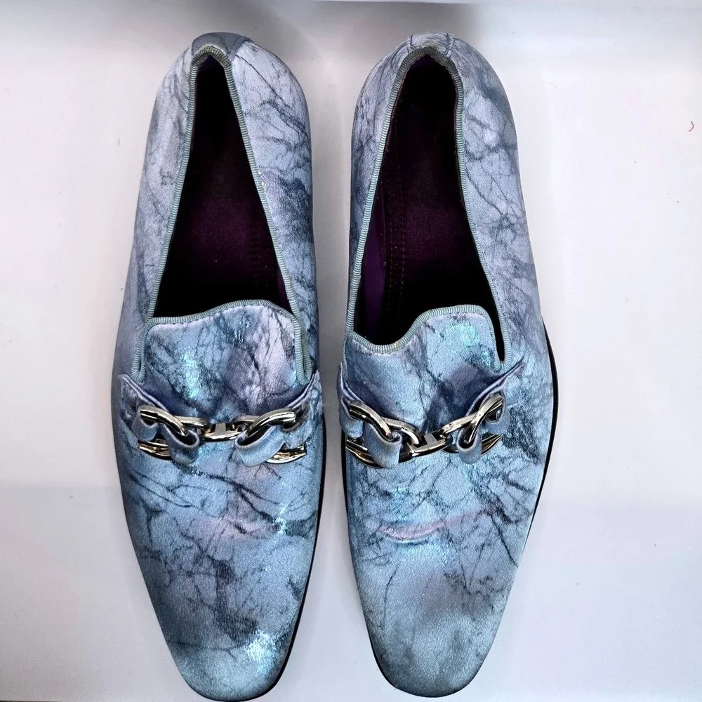 After Midnight Men's Marble Print Loafers Silver Chain Buckle Dress Shoes Size 8